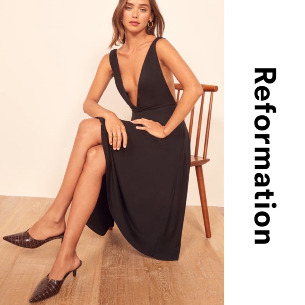 Reformation Black Plunge Midi Dress